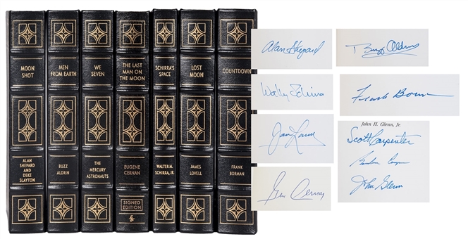 Lot of (7) Easton Press Astronaut Library Leather Bound Books With 9 Total Signatures Including Buzz Aldrin (JSA)